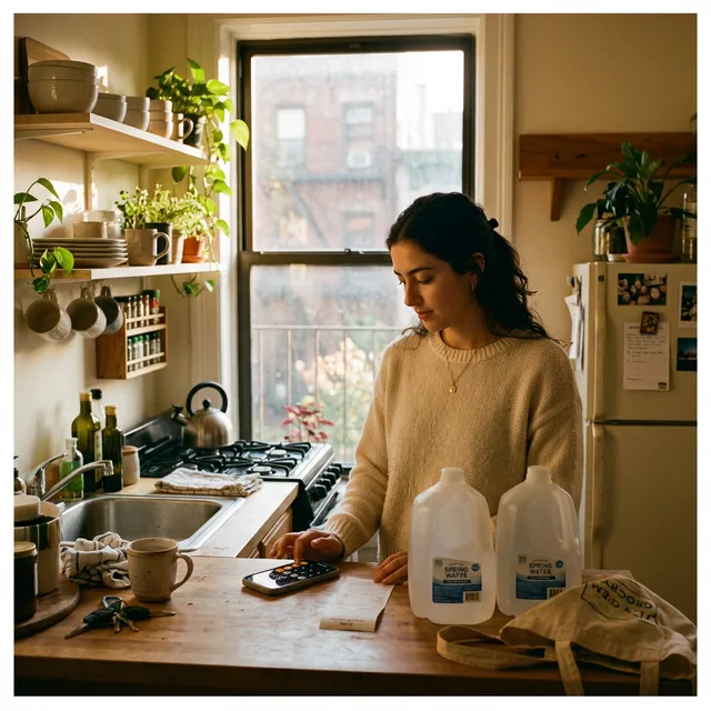 Woman calculating emergency water needs in her apartment kitchen