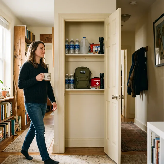 Woman walking past organized closet shelf with emergency supplies, holding coffee, relaxed